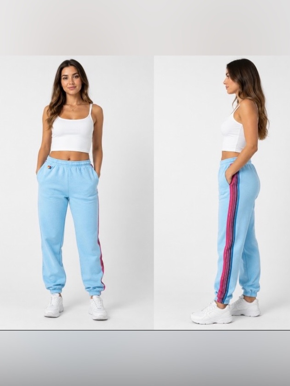 Aviator Nation 5-Stripe Sweatpants in Color Sky. Pastel Stripes in Pink & Purple